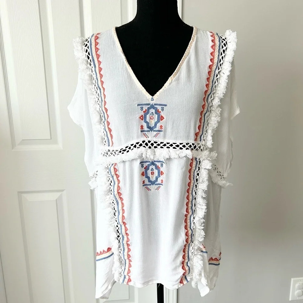 Australian Designer Suboo Embroidered Boho Blouse With Fringe